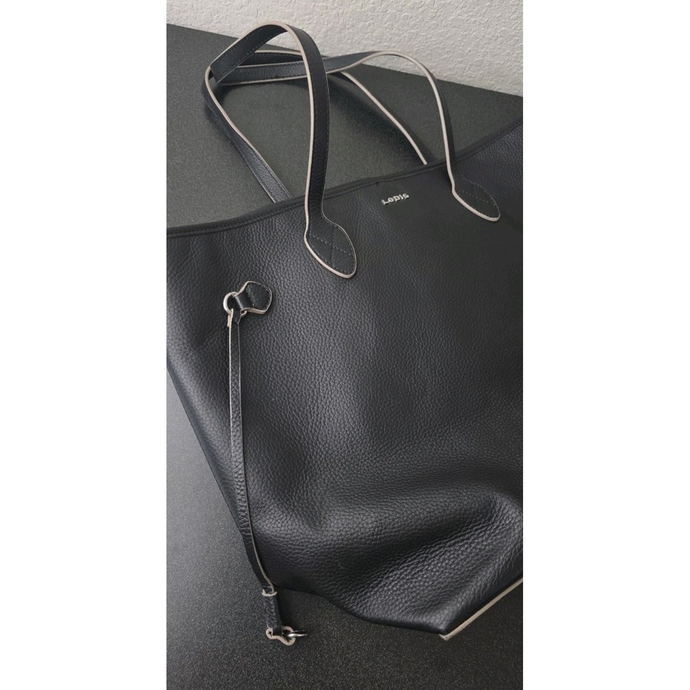 Lodis Classic Bliss Black Pebbled Leather Tote Bag Side Drawstring Detail